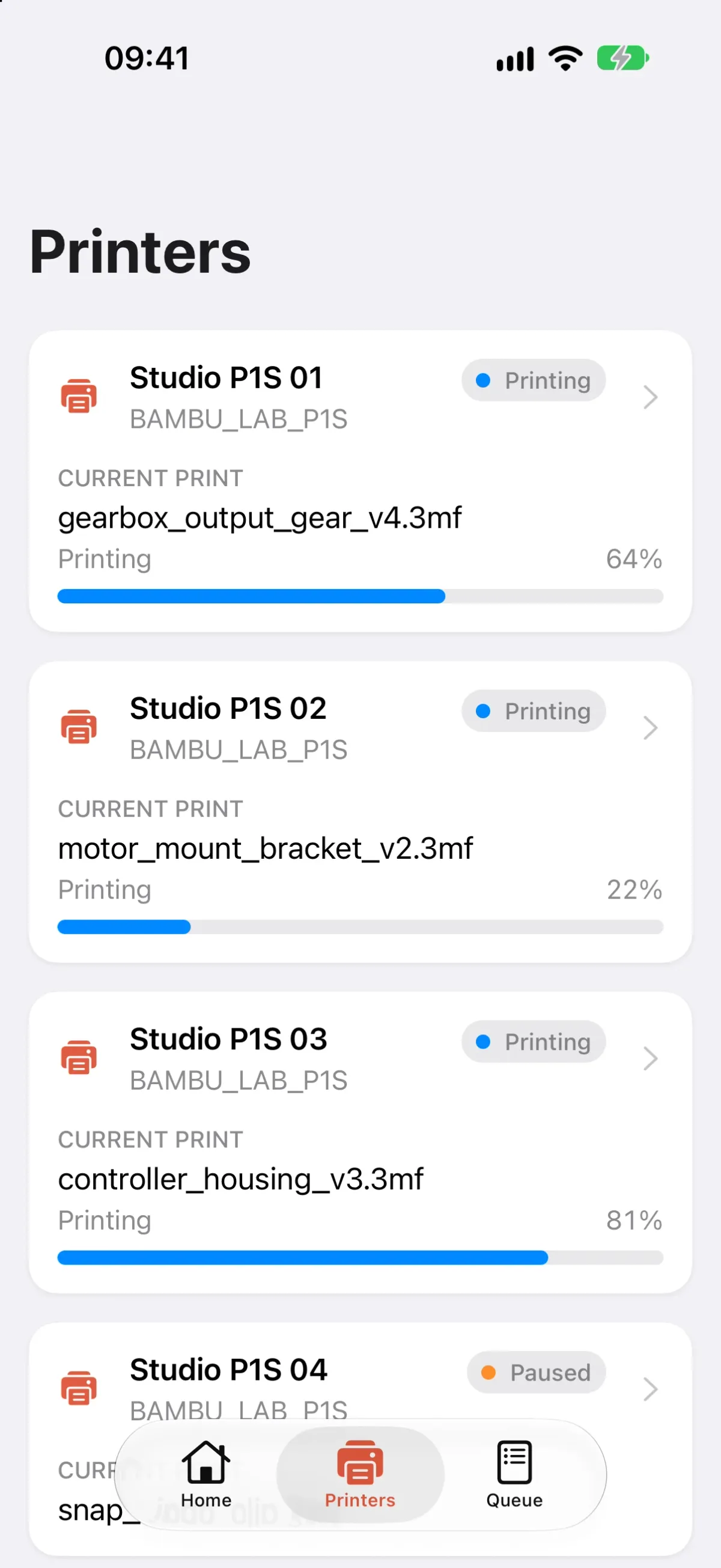The Pluraprint iPhone app's Printers tab: each printer's current print and progress