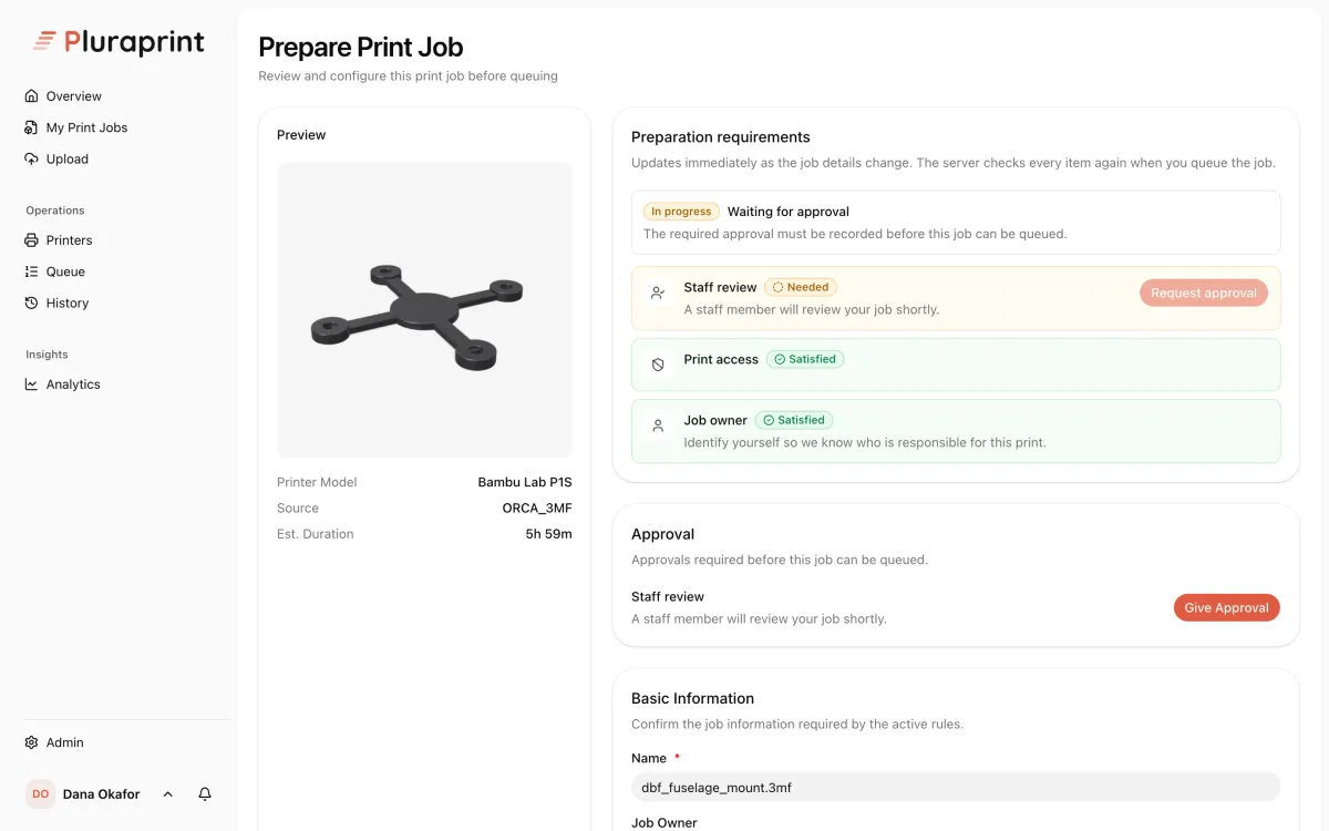 The Prepare Print Job screen: a drone frame preview beside a checklist showing staff review needed, print access satisfied and job owner satisfied