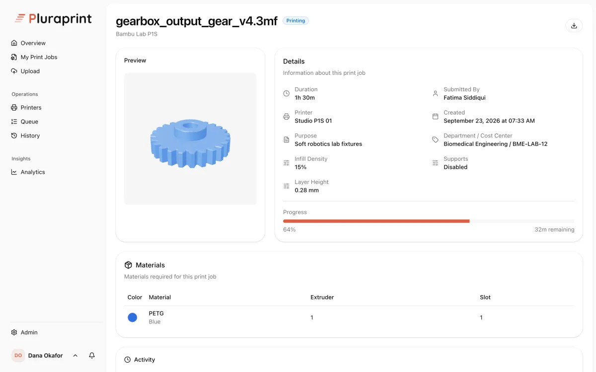 A print job in Pluraprint showing a preview of a blue gear, its duration, printer, purpose, department and live progress