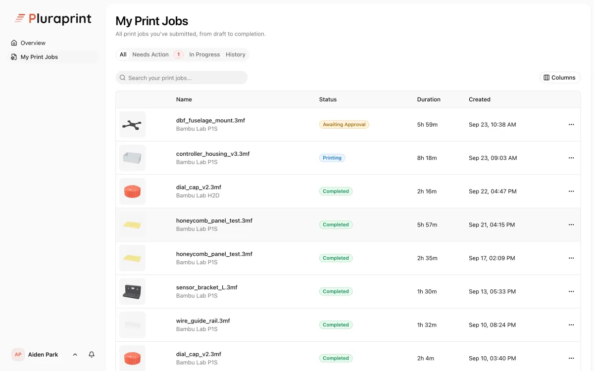 A student's My Print Jobs page: a drone mount awaiting approval, a controller housing printing, and earlier jobs completed, each with a part thumbnail