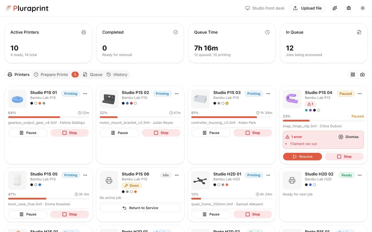 The station kiosk screen: summary tiles for active printers, completed prints, queue time and jobs in queue, above cards for each printer with progress, pause and stop controls